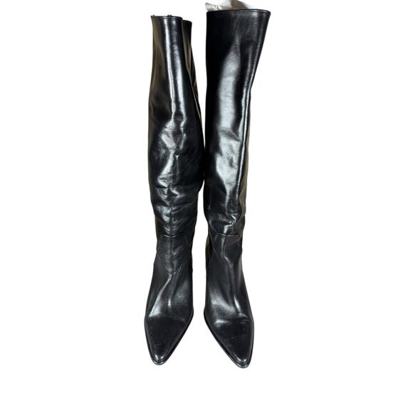 ZARA Leather Knee High Pull-On Boots Black Block Heel Made in Spain 6.5 - Picture 5 of 11